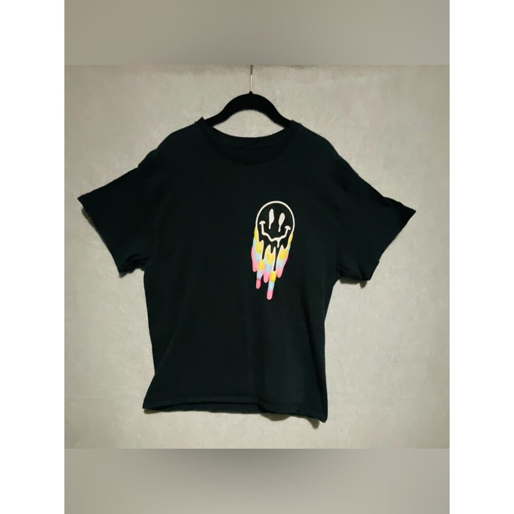 Popular Poison Melting Smiley Face Graphic Tee Shirt L Black Trippy Streetwear